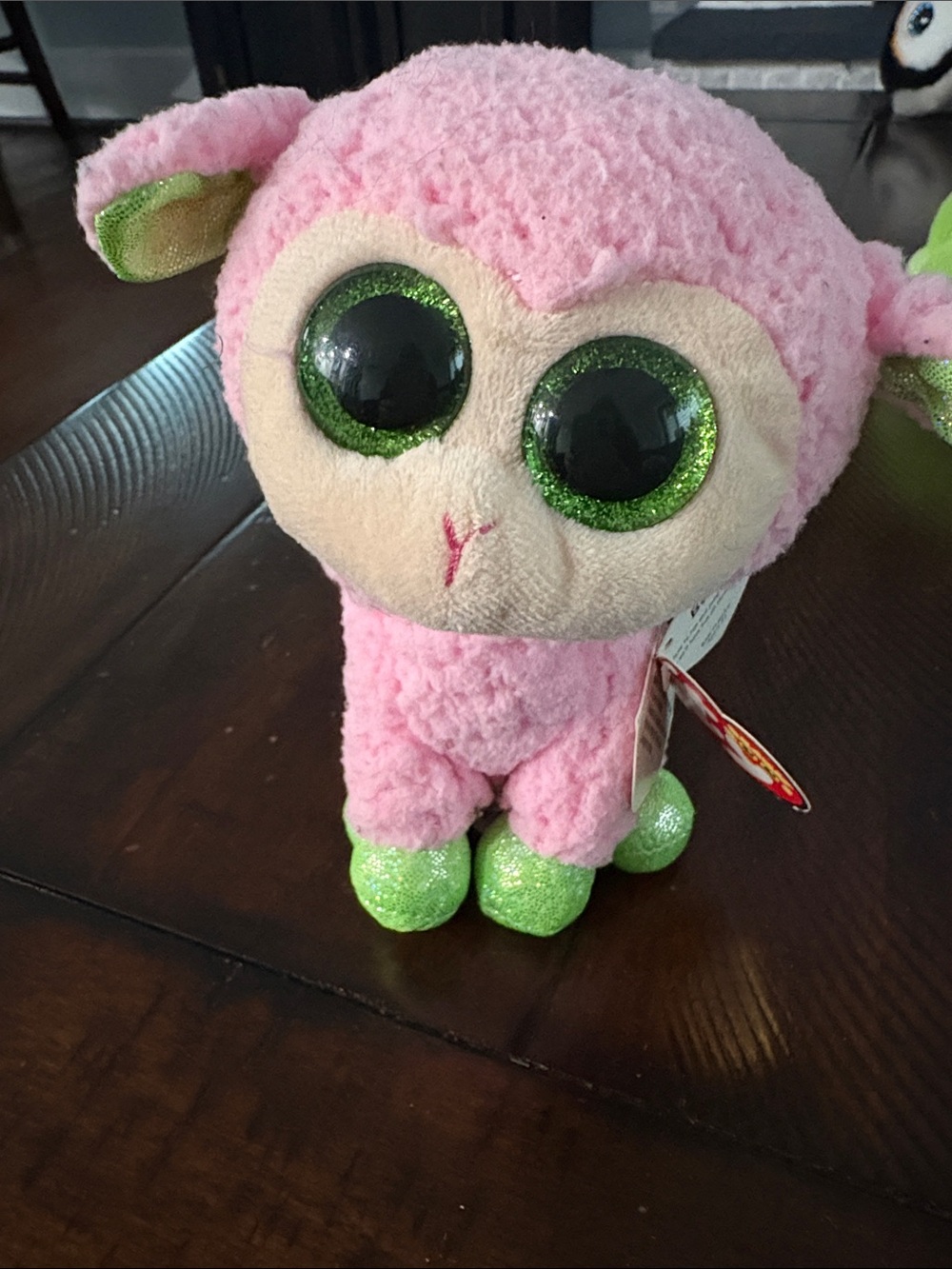 Ty Sparkle-Eyed Pink Lamb Plush with Green Glitter Accents